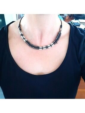Ravens in Snow Black Pearl Woven Macrame Collar Necklace